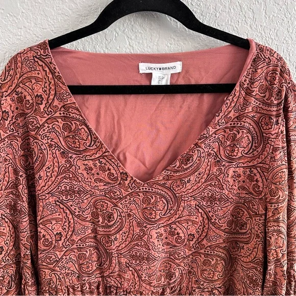 Lucky Brand Paisley Boho Babydoll Dress Small Long Sleeve Tiered - Picture 2 of 11
